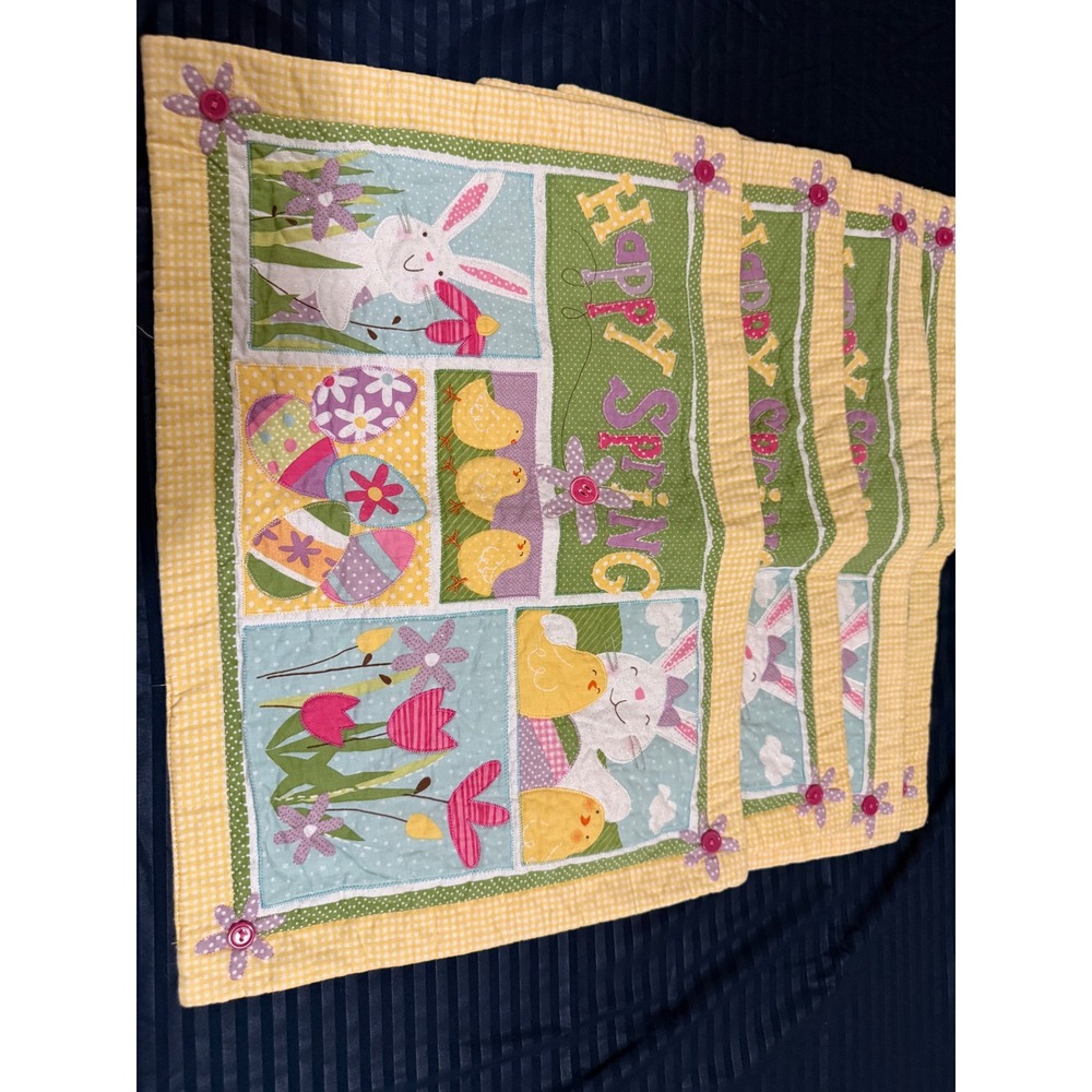 Set of 4 Easter Quilted Placemats Happy Spring Bunny Chick Eggs Gingham Yellow